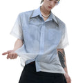 Men's loose blue and white gradient short sleeve shirt with quilted detail.