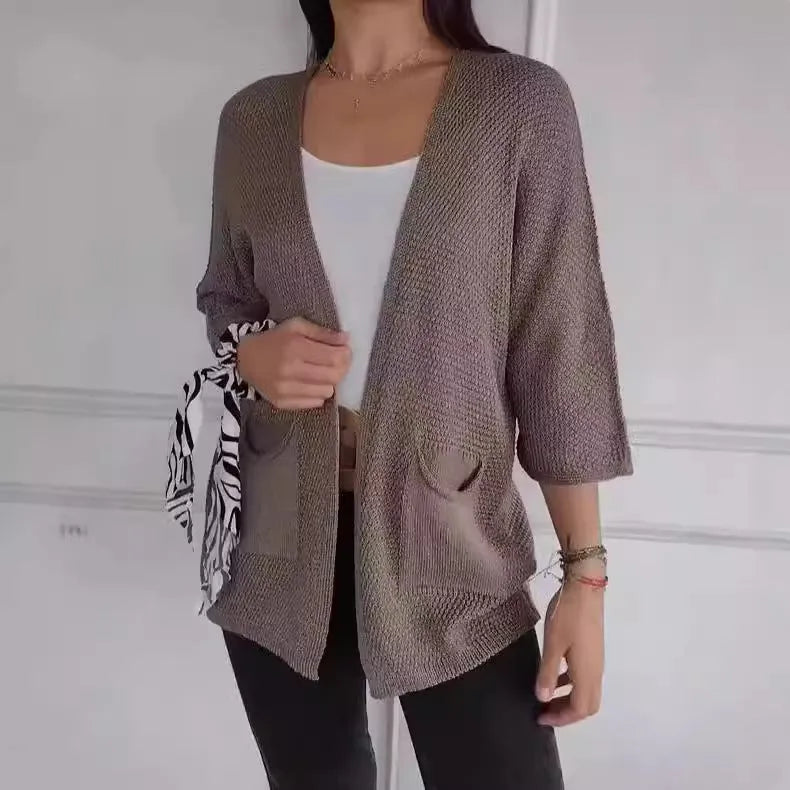Women's thin waffle fabric cardigan coat with nine-quarter sleeves in army green colour.