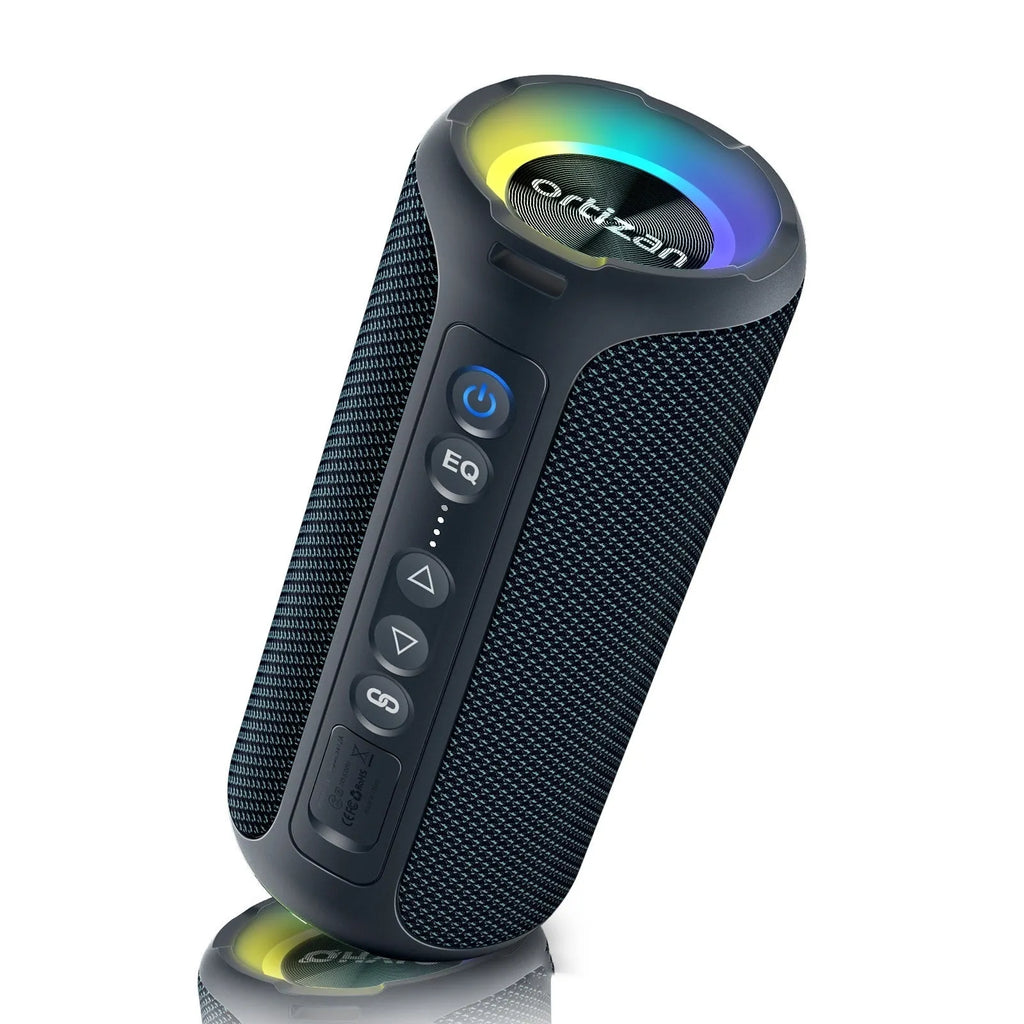 Black and blue fabric wireless Bluetooth speaker with lighting effects and card slot