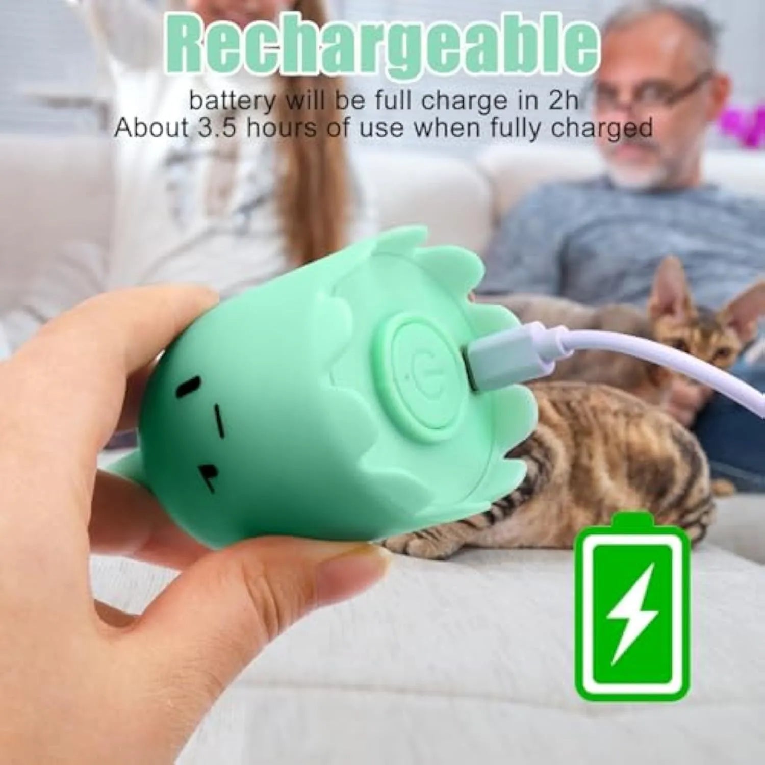 Green electronic cat wand toy with moving silicone tails for indoor cat play