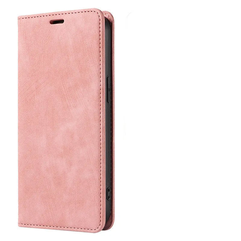 Magnetic flip phone case in grey showing interior card slots, compatible with various iPhone models.