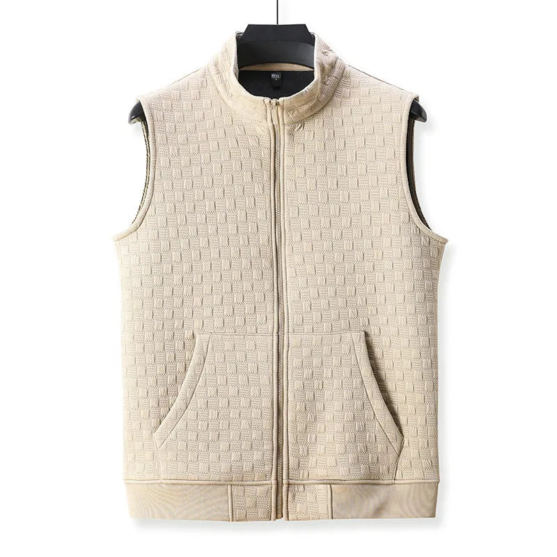 A man's casual sleeveless waistcoat-style vest in a chemical fibre blend, shown on a hanger.