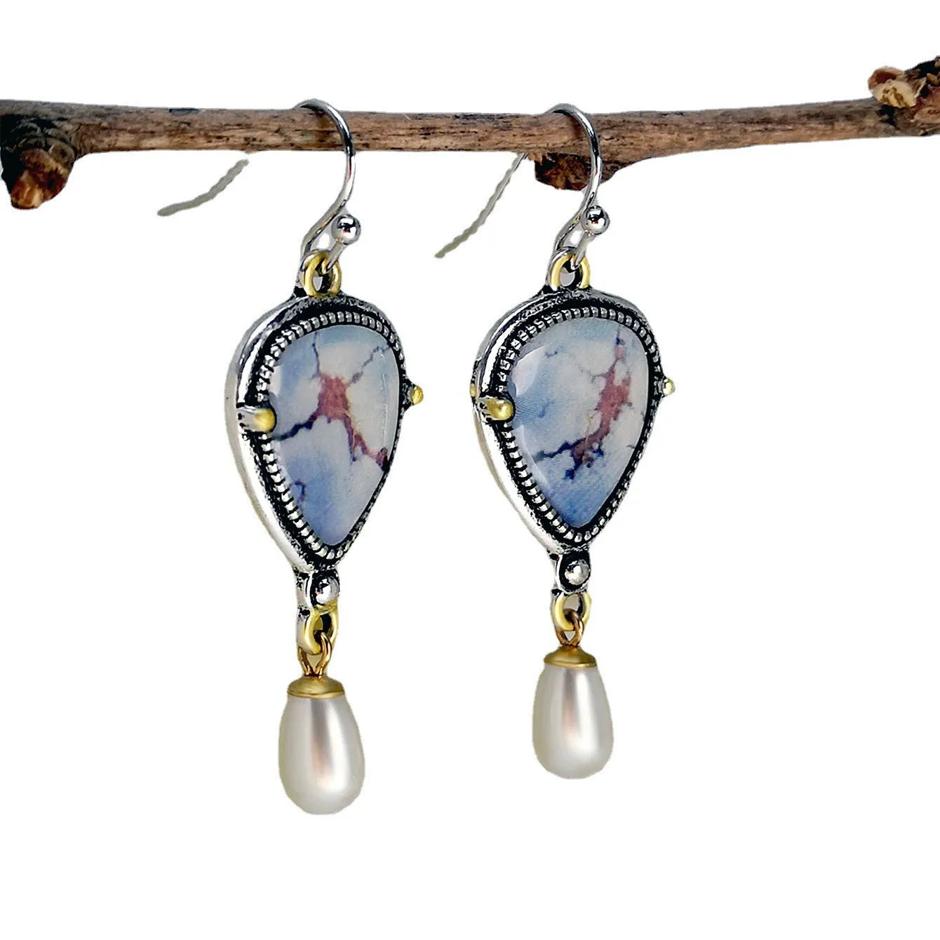 Retro blue geometric drop earrings with electroplated metal, synthetic opal and pearl details