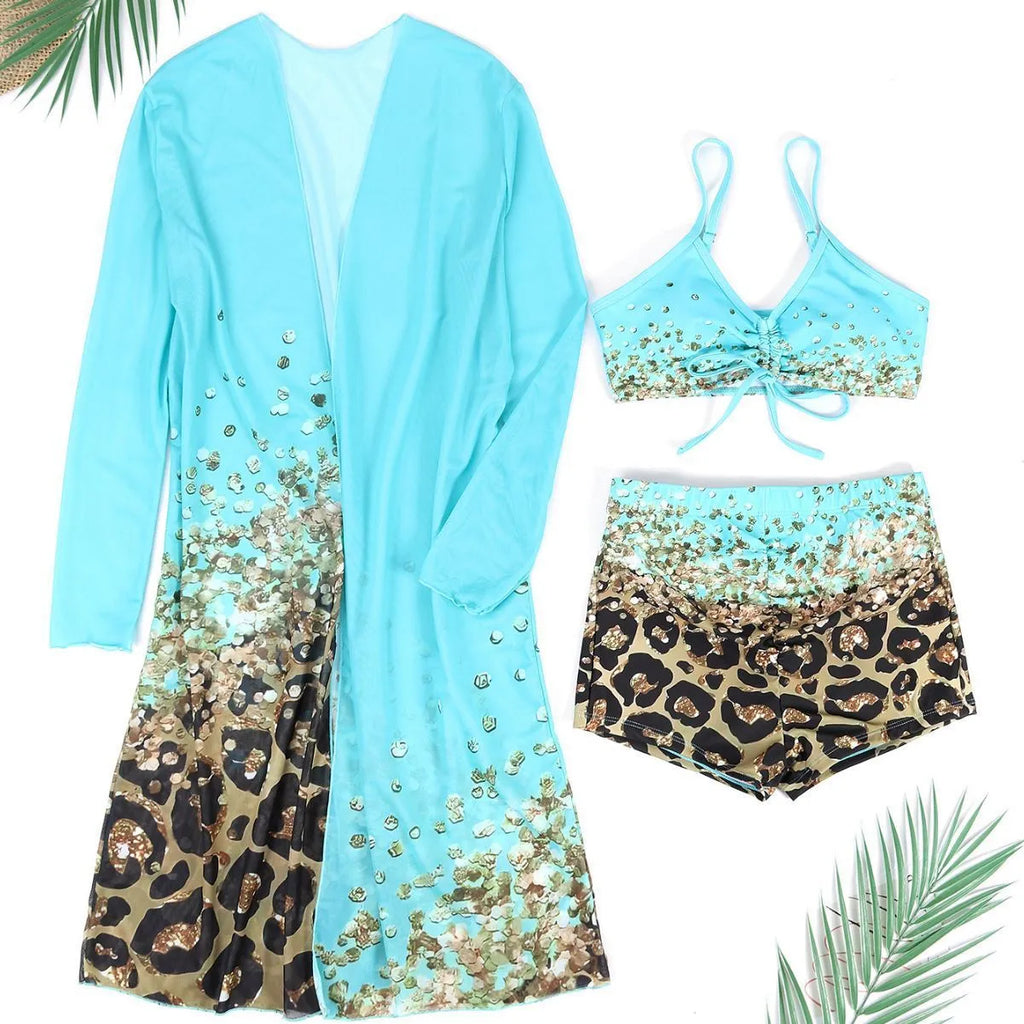 Women's casual split print swimsuit set in polyester high waist sleeveless two piece lake blue
