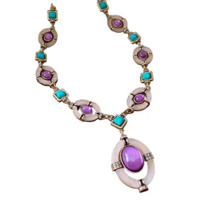 Diamond oval pendant earrings and clavicle necklace jewellery set in Chinese style alloy silver needle golden blue purple