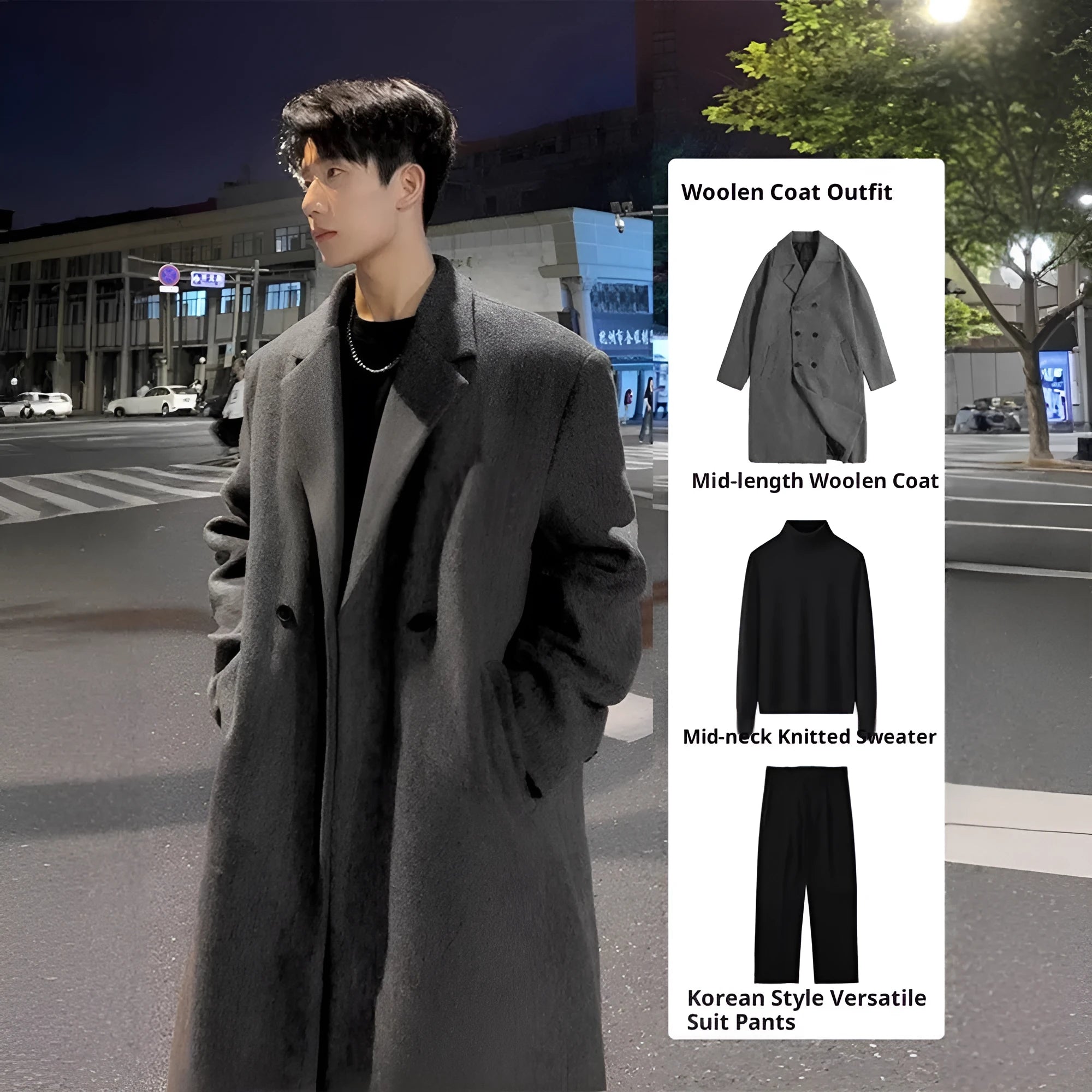 Mid-length thick loose Korean style trench coat suit set for women winter casual wear, colour Dark Gray, front view