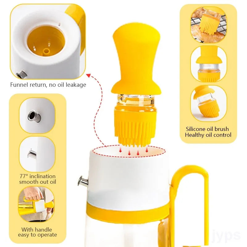 Transparent glass oil dispenser with silicone brush, stainless steel nozzle, in yellow, green, or brown.