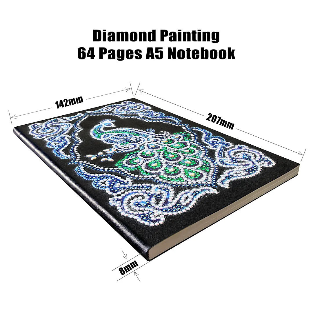 Black A5 Peacock Beauty diamond painting notebook with sparkling shaped drills on cover, showing 142x207mm size.