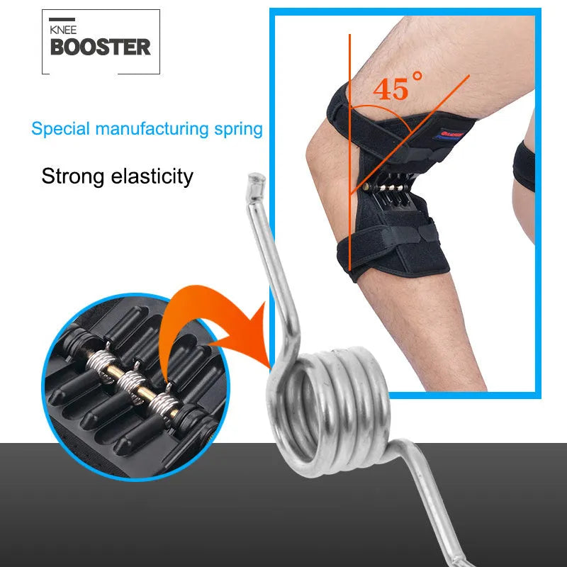 Adjustable spring knee brace support for mountaineering and sports, shown in black with breathable fabric.
