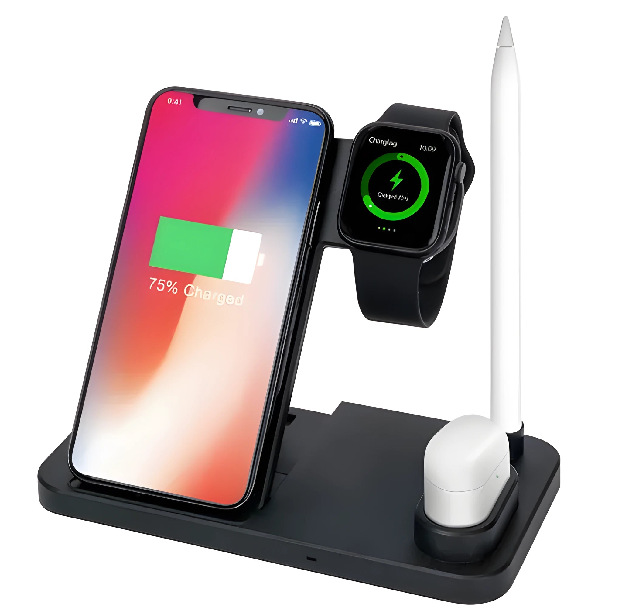 Black foldable 4-in-1 wireless charging station showing phone, Apple Watch, and AirPods charging simultaneously.