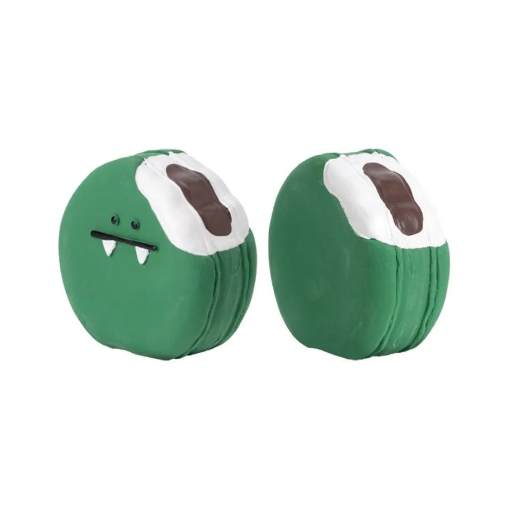 Yellow and green cartoon egg bread shaped latex dog squeaky chew toy.