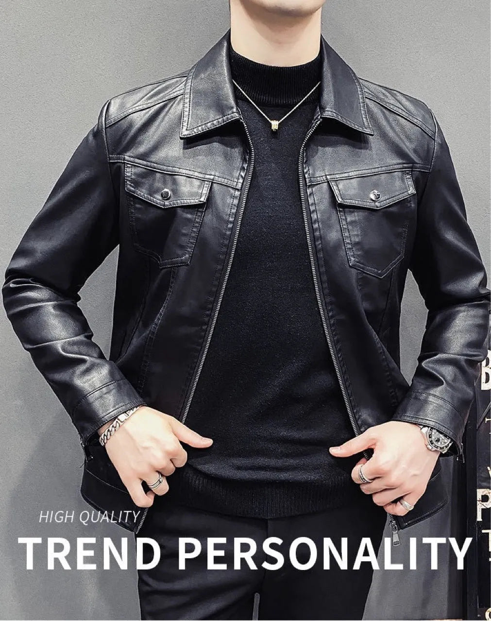 Men's PU leather quilted casual jacket, short length, side seam pockets, nylon lining, regular fit.