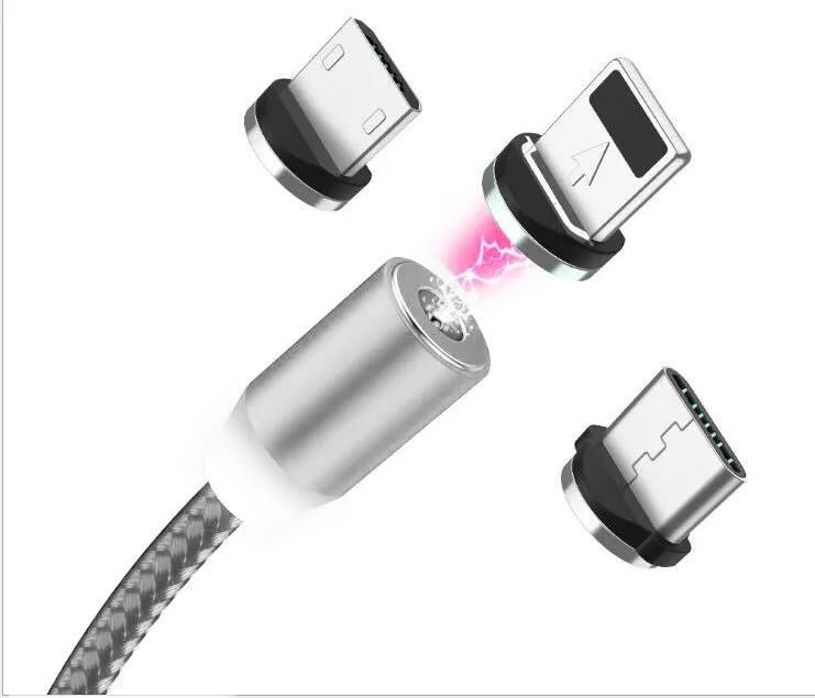 Black magnetic LED charging cable with aluminium shell and woven texture, showing LED light and connector.
