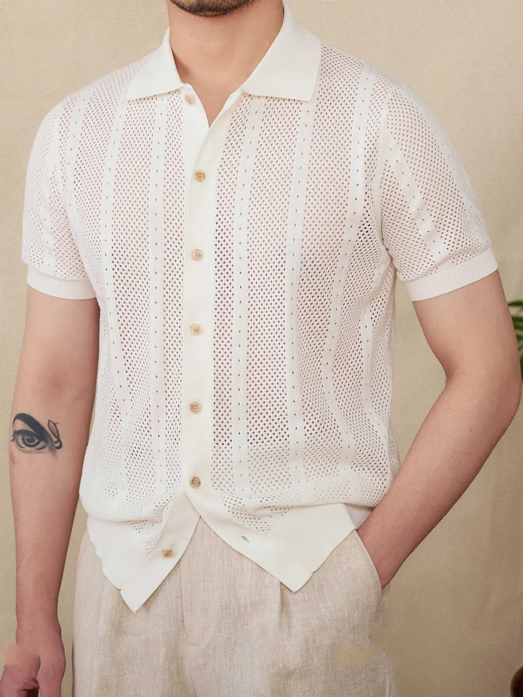 Men's short sleeve lapel cardigan in striped pattern with 100% cotton construction
