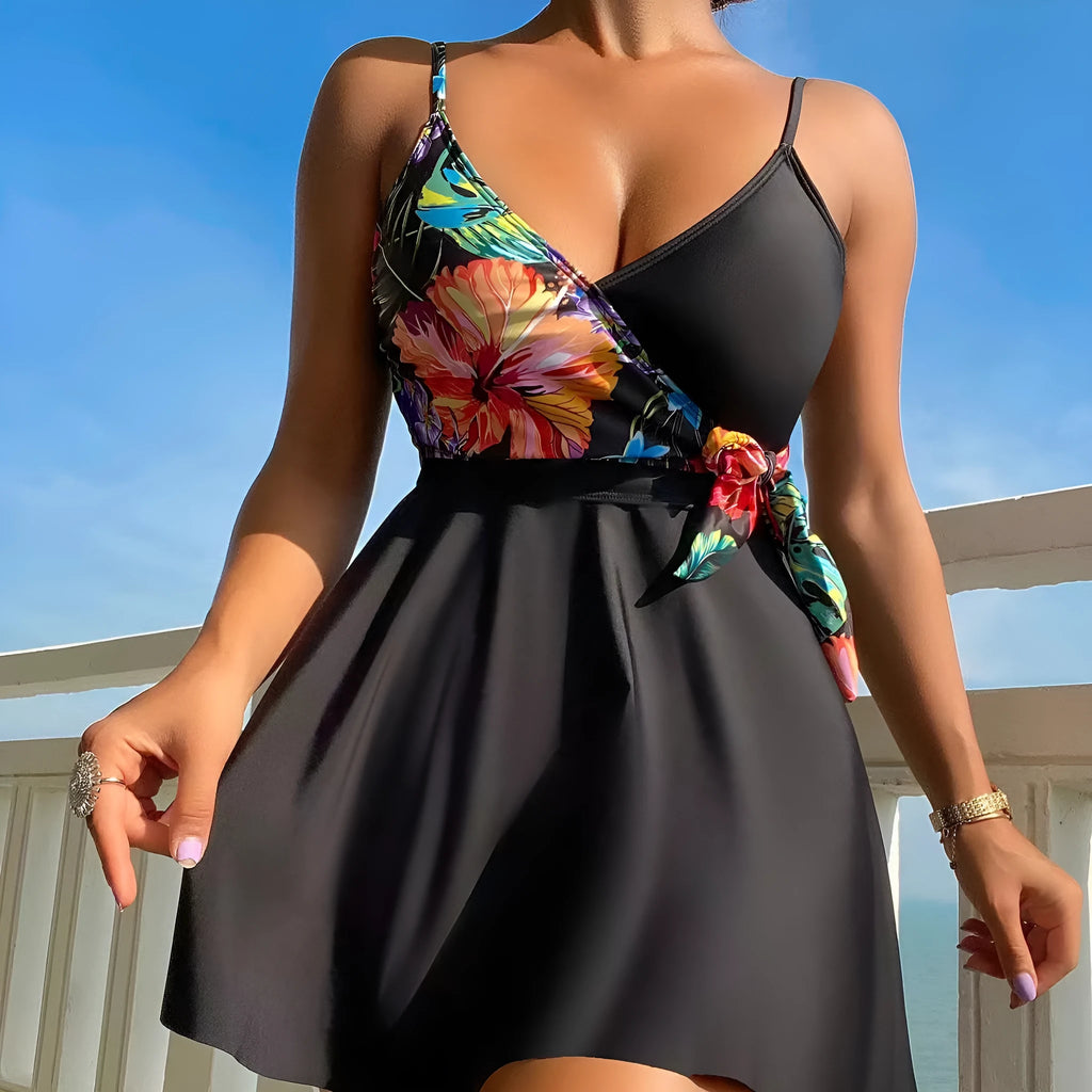 Black women's high-waist printed split bikini briefs for swimming and sport activities