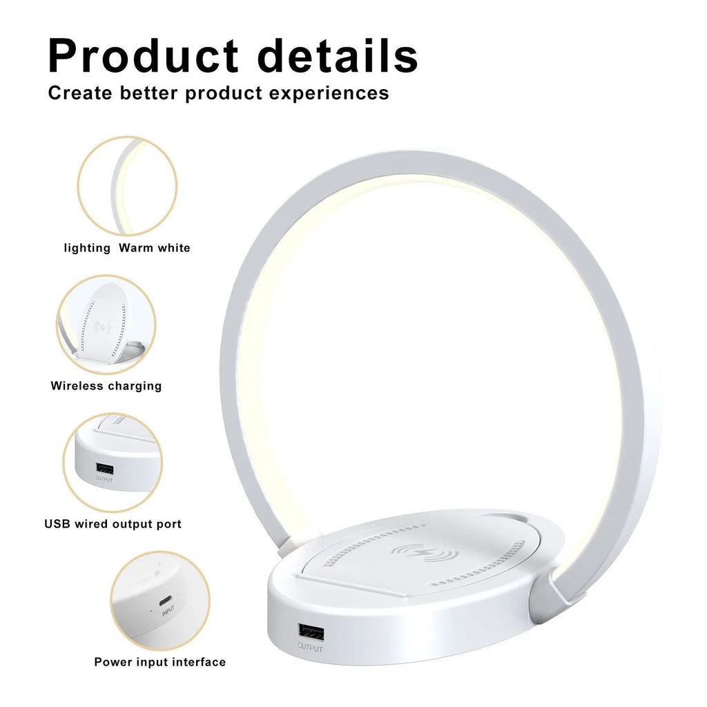 LED desk lamp with 10W wireless charger, Bluetooth speaker, USB port and phone holder, 41 blue-light-free LED beads, adjustable arm and head