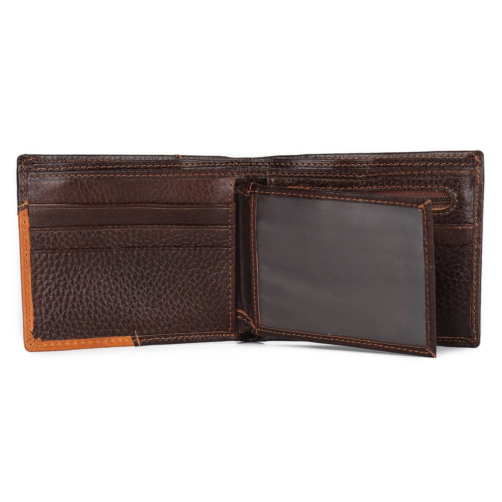 Horizontal brown leather men's wallet with contrast stitching, shown open to reveal card slots and a zippered coin pocket.