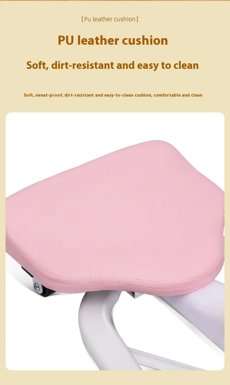 Pink and blue leg stretching equipment with steel frame and foam padding, shown with and without a backrest.