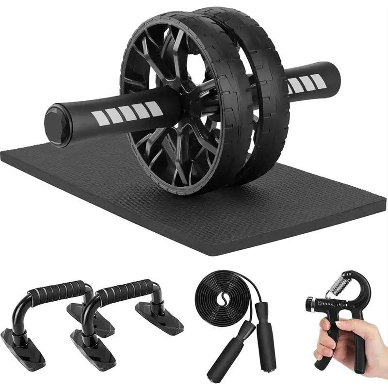 Set of seven abdominal wheels for fitness, in a choice of red, green, black, or blue colours.