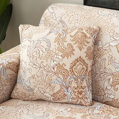 Geometric patterned stretch sofa slipcover fitted on a three-seater sofa