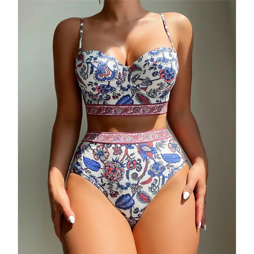 Blue women's high waist push-up bikini swimsuit with sleeveless design for swimming