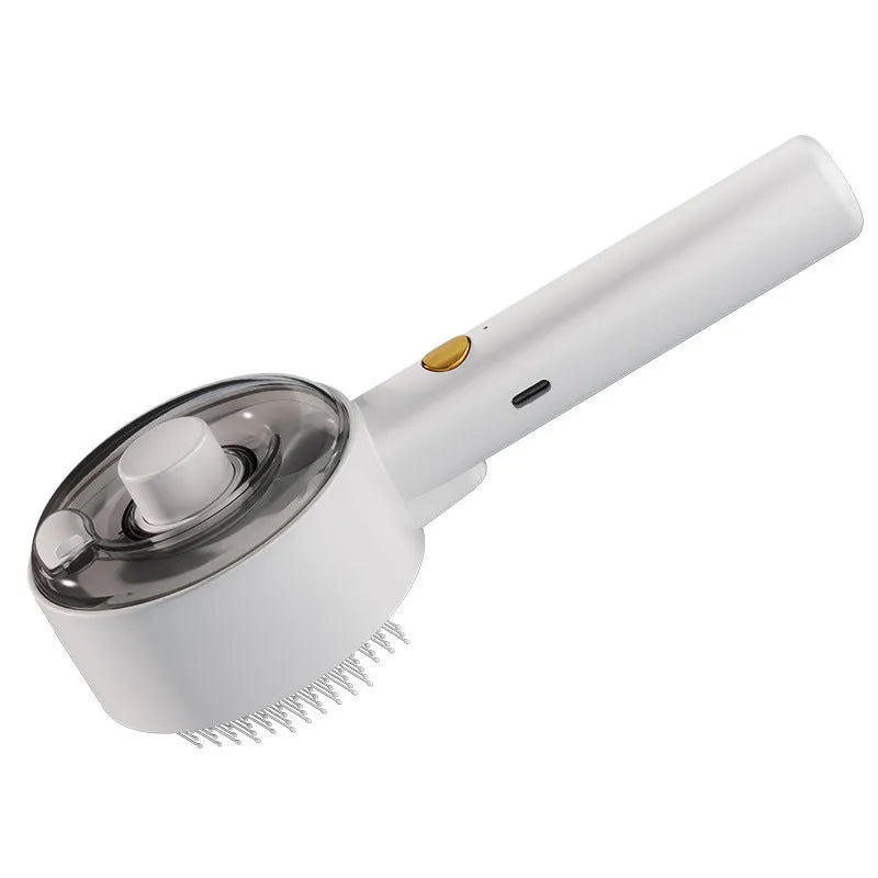 Ceramic white pet grooming comb with spray tank and blue UV light on for dog or cat hair removal.
