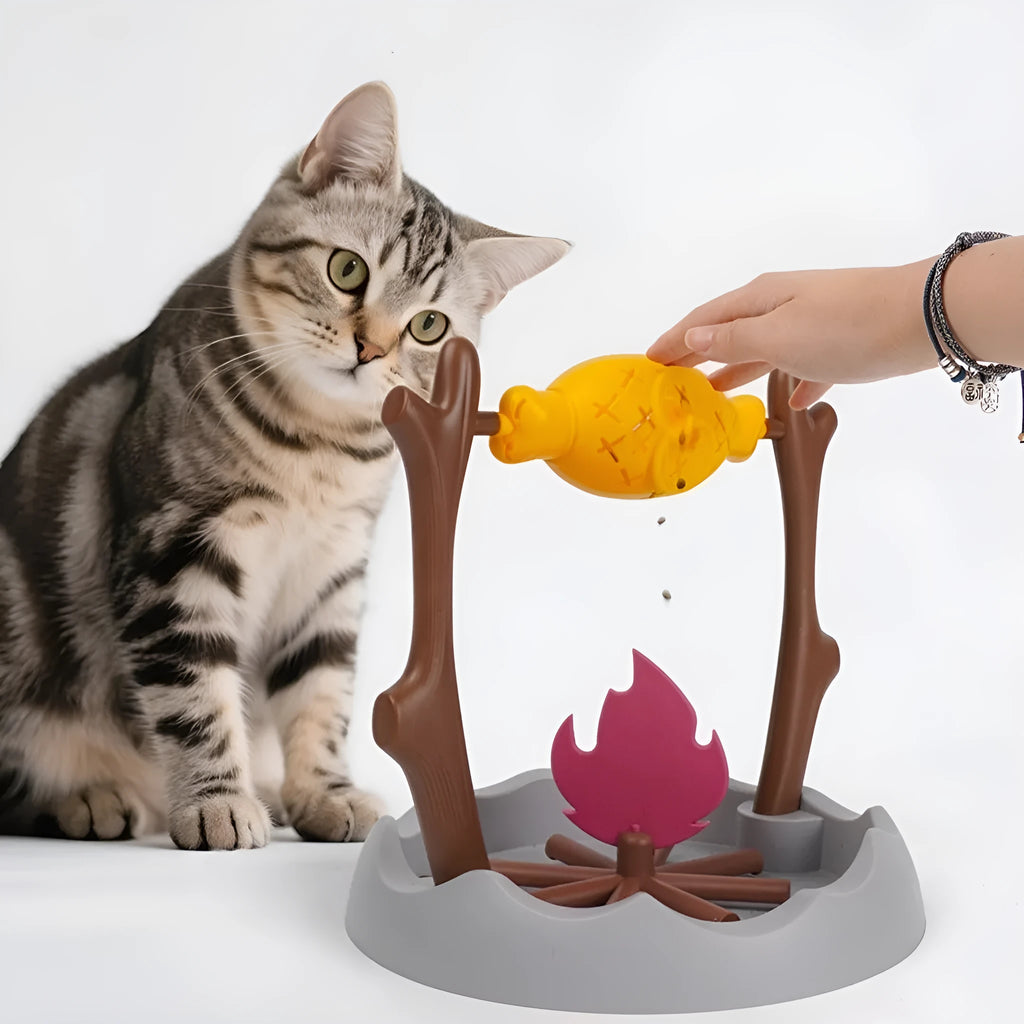 Barbecue-themed tumbling cat food feeder toy with leakage mechanism for freeze-dried treats