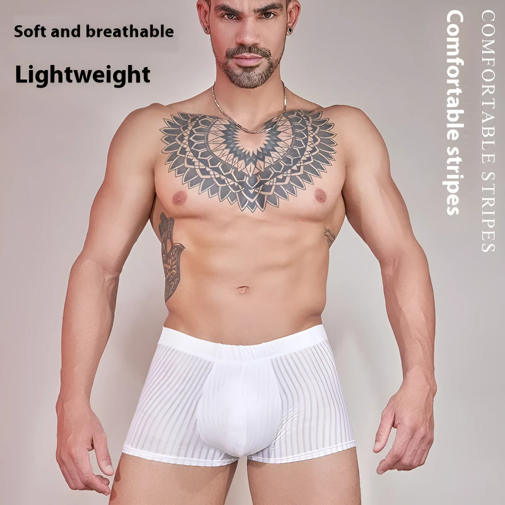Men's striped underwear in thin nylon fabric, shown in black, white, and dark grey colours.