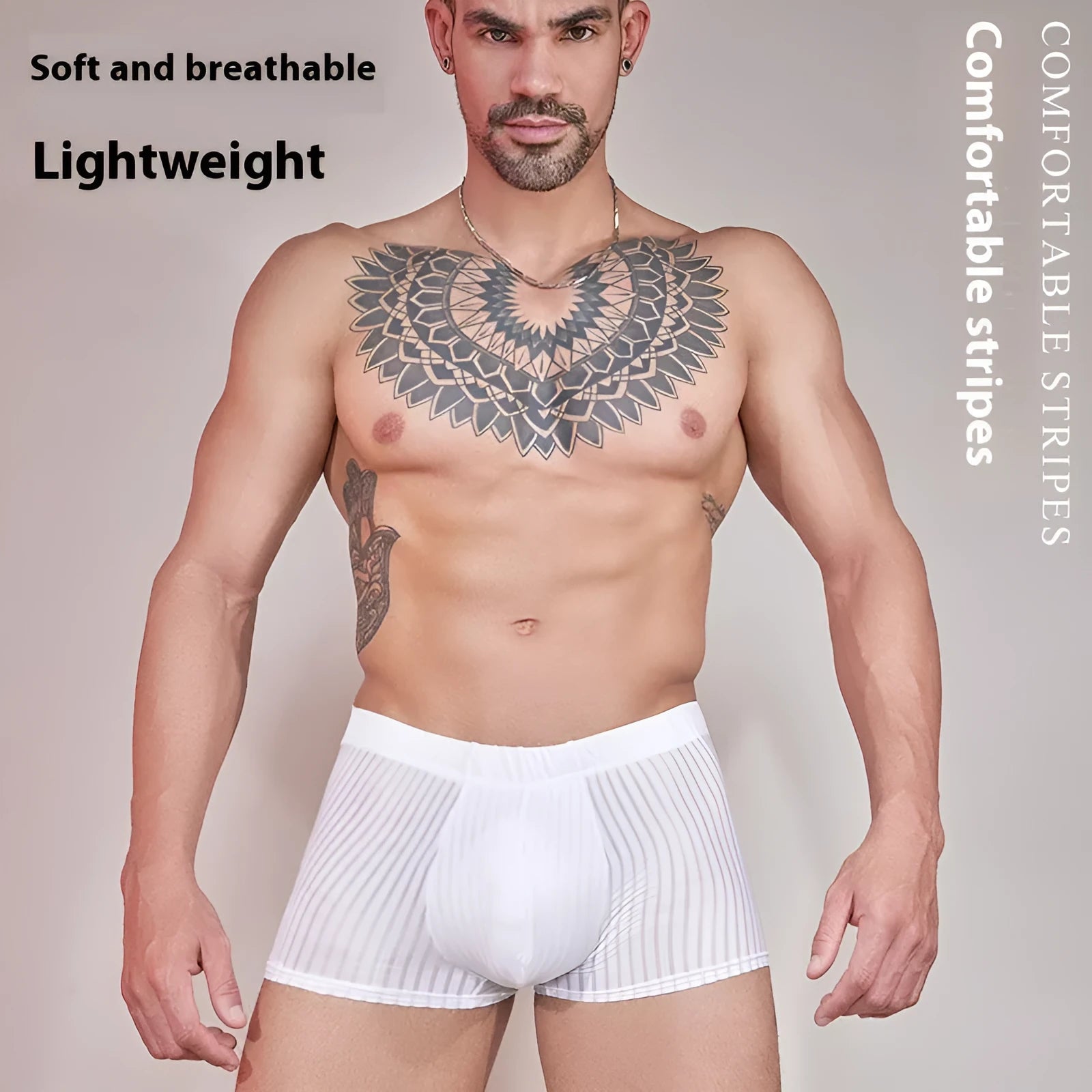 Men's striped underwear in thin nylon fabric, shown in black, white, and dark grey colours.