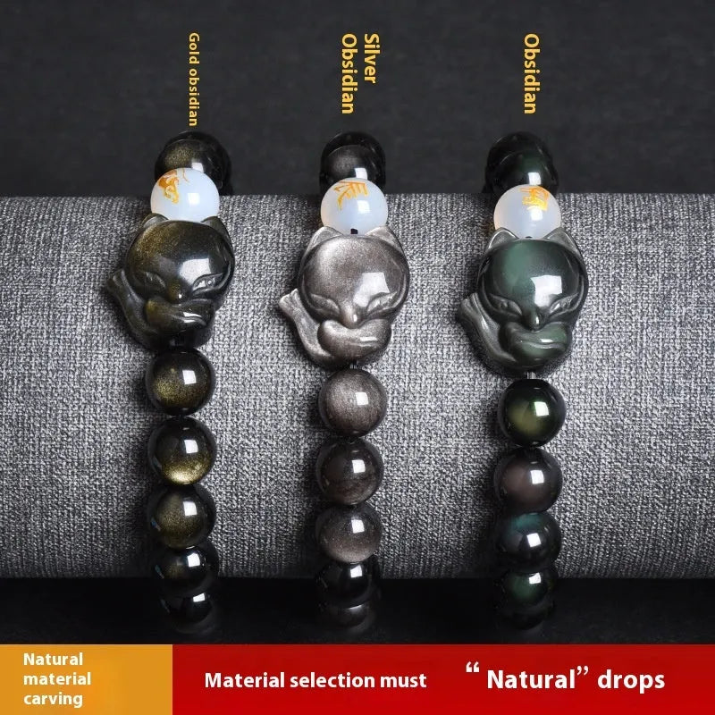 Natural obsidian bracelet with zodiac charm in gold, silver, or black stone styles.