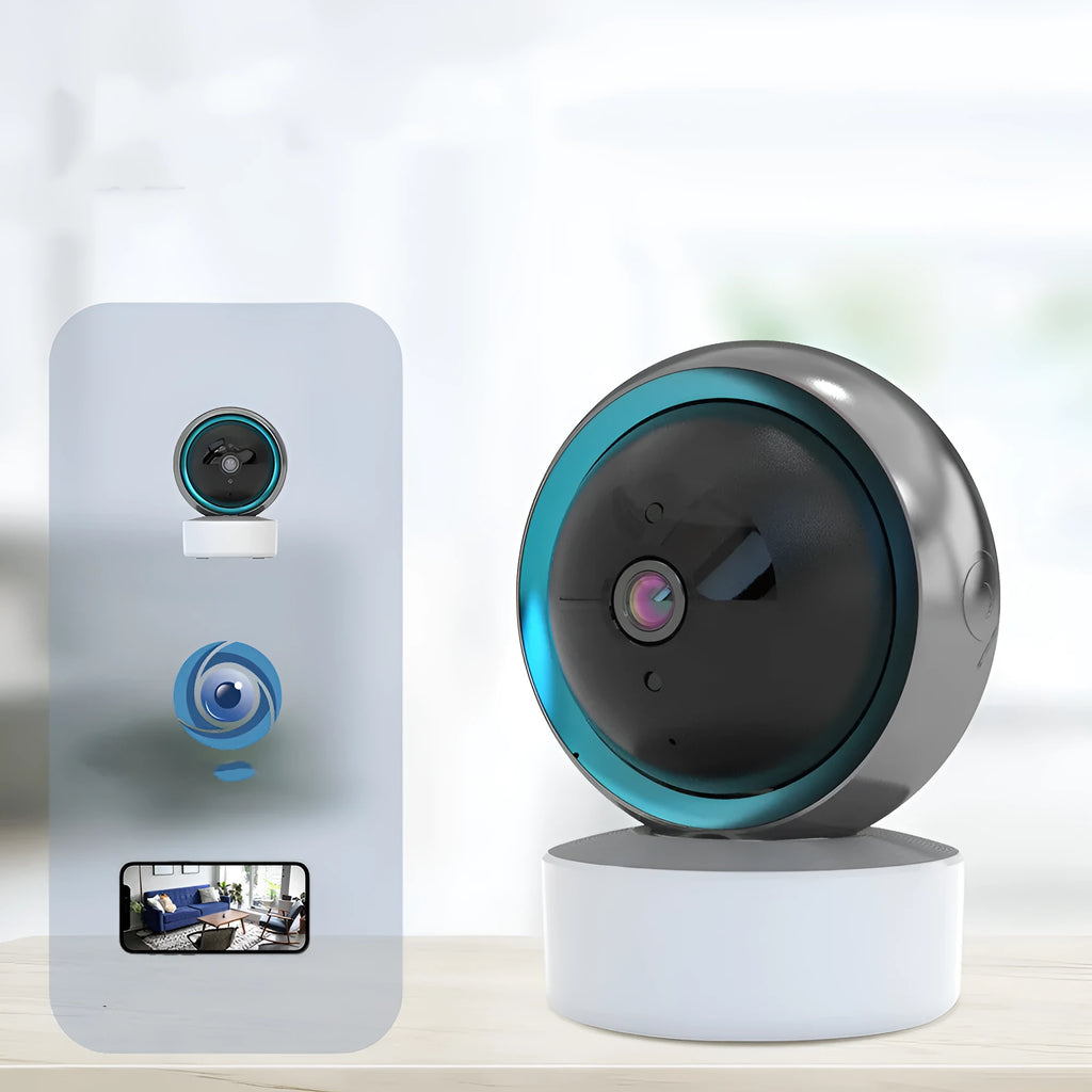 White indoor WiFi security camera with 360-degree rotation on stand showing 2MP resolution and optional memory card storage