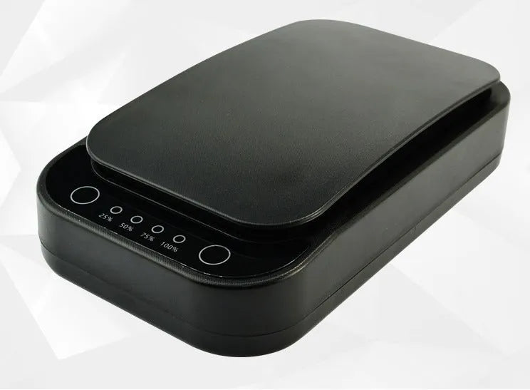 Blue and white ultraviolet disinfection box for mobile phones, showing internal chamber and control buttons.
