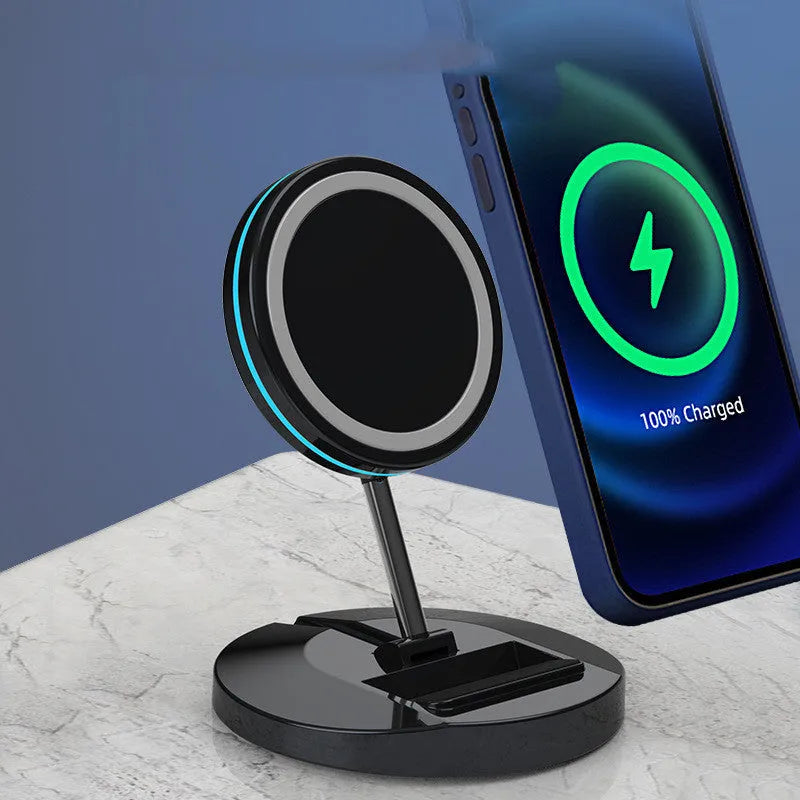 Black magnetic wireless charging stand folded for iPhone 12 with Magsafe compatibility