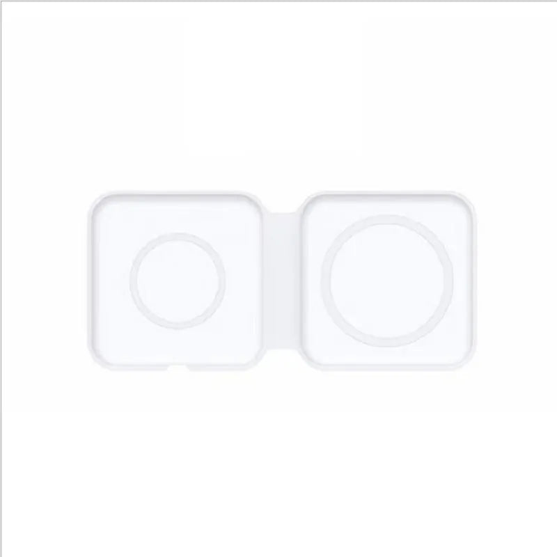 White foldable magnetic wireless charging dock showing dual-device support and adjustable angle.