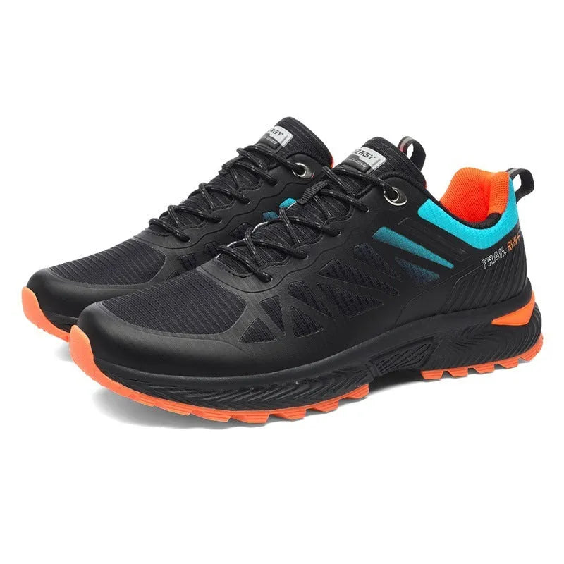Men's black breathable mesh running shoe with lace-up front and round toe, shown on a white background.