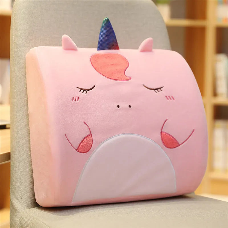 Cartoon memory foam seat cushion with removable cover, shown in Pink Unicorn design on an office chair.