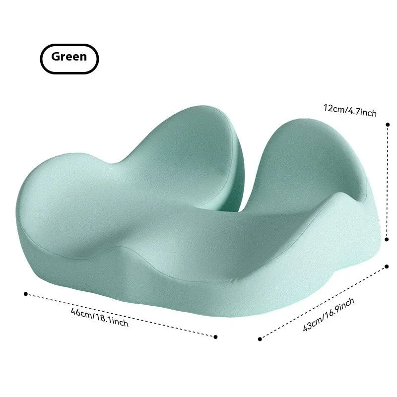 Grey memory foam office chair cushion measuring 46x43x12cm on a chair.