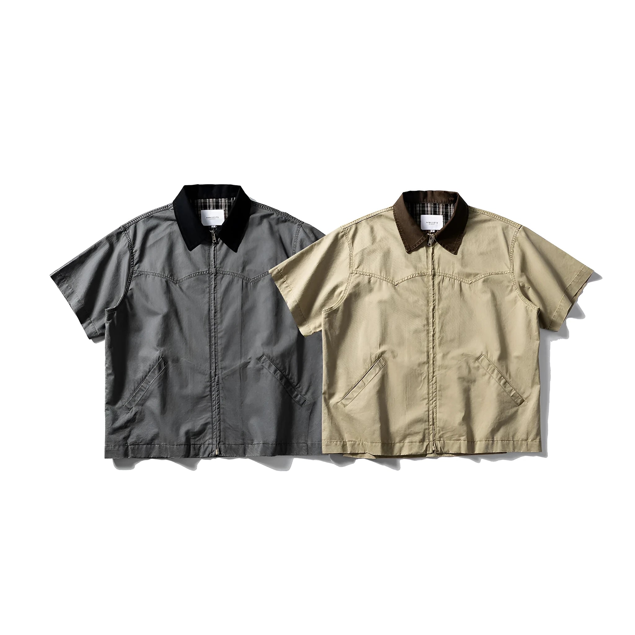 Loose fit grey washed denim short sleeve shirt overalls on a hanger