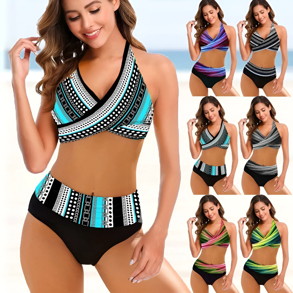 Women's striped tie-dye bikini set with high-waisted briefs and a backless top on a mannequin.