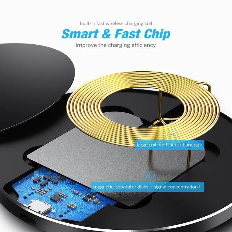 Ultra-thin black wireless charging base with 9V fast charging capability for QI devices