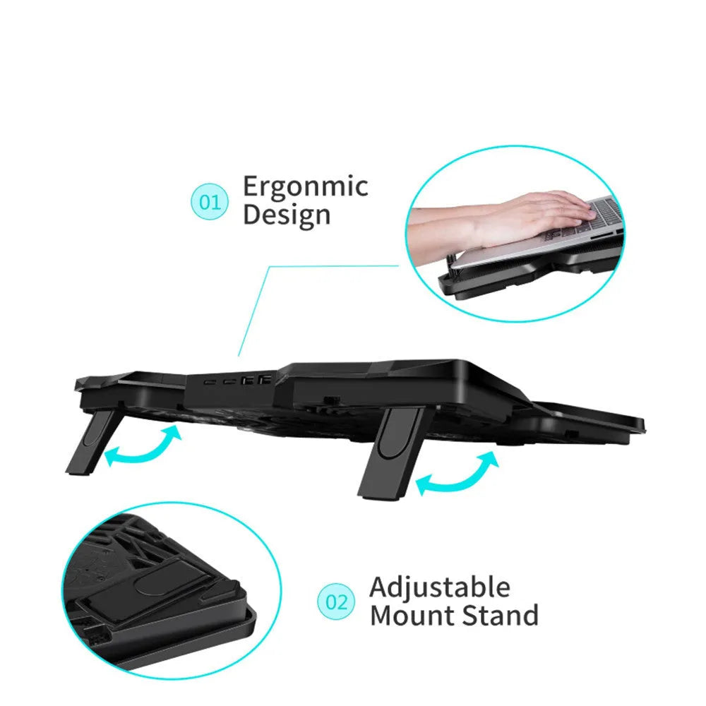 Blue laptop cooling base with four LED fans and USB ports for computer heat dissipation