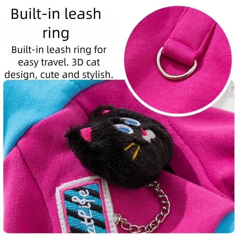 Purple colour-block dog hoodie with drawstring hood, cat plush necklace and belt loops, sizes XS to XL