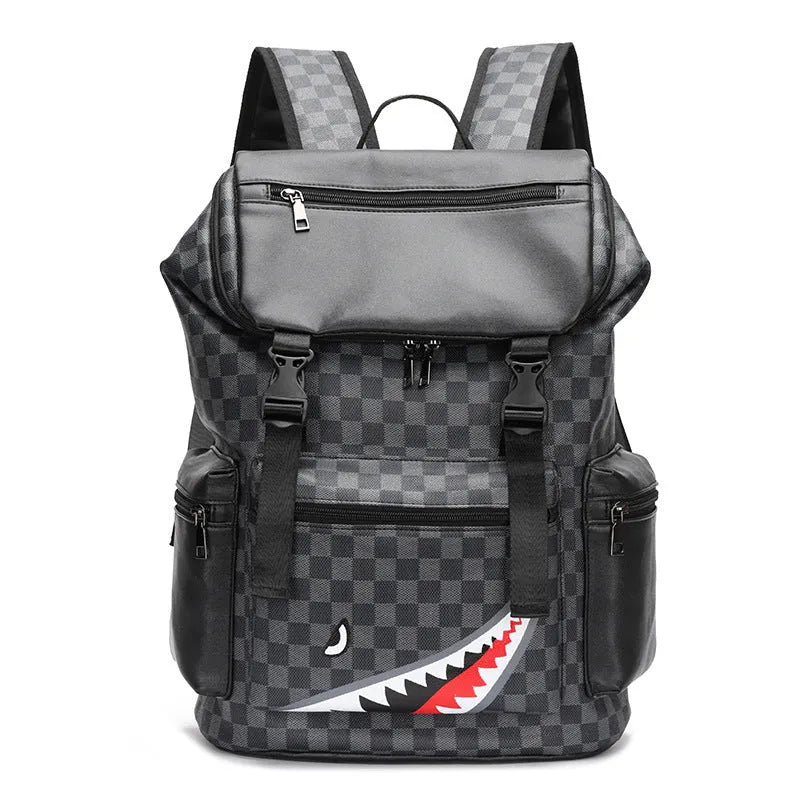 Korean style checkered pattern PU leather backpack with curved shoulder straps