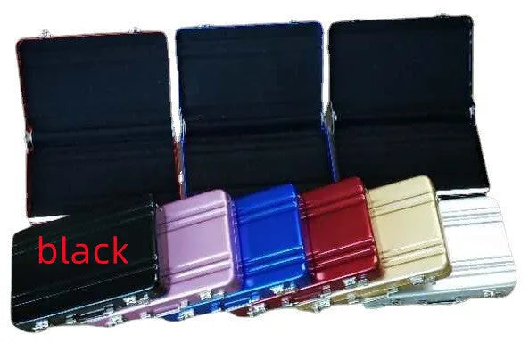 Aluminium alloy metal card holder in choice of six colours showing dimensions.