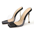 Women's black and silver platform high heels with PVC soles shown in sizes 34-43
