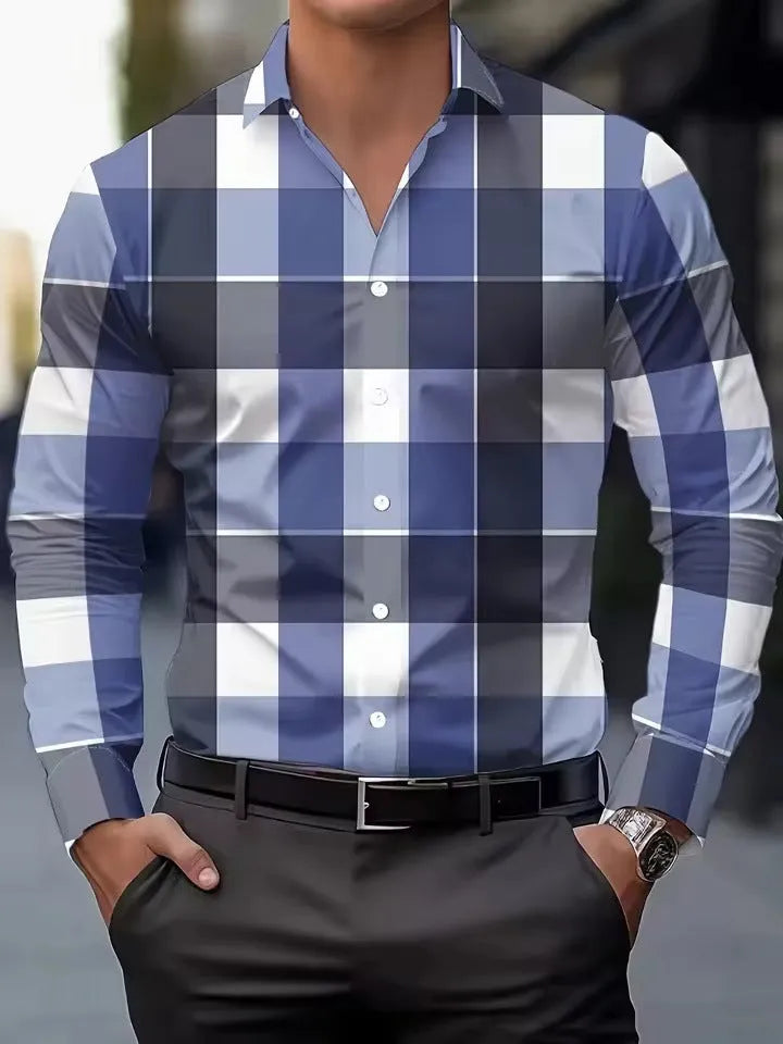 Men's striped long sleeve button down shirt with lapel collar in polyester fabric