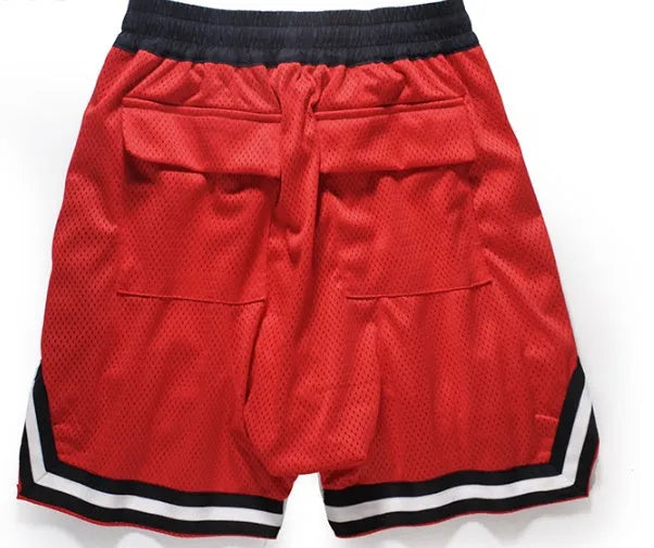 Men's elastic waist baggy sports shorts with zip fly, front view, black colour