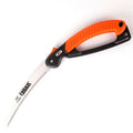 Orange handled folding garden saw with a 9 inch steel blade shown both open and closed.