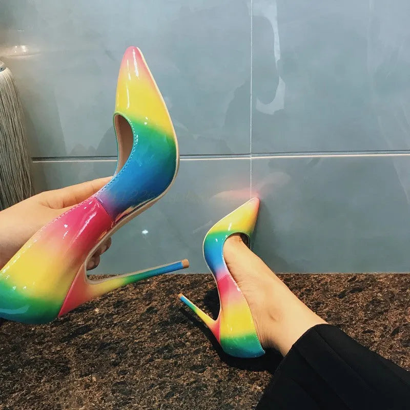 Rainbow multicolour patent leather women's high heels with pointed toe and thin ultra-high heel