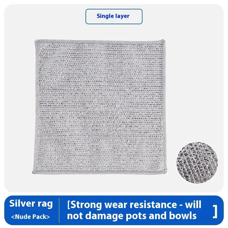 Silver silk and steel wire kitchen cleaning scrubber rag for pots and bowls.